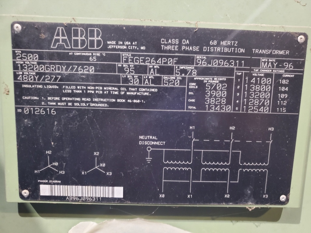 2500 KVA, Pri 13200 GRDY 7620, SEC 480Y/277, 1996, DEAD FRONT, RADIAL FEED