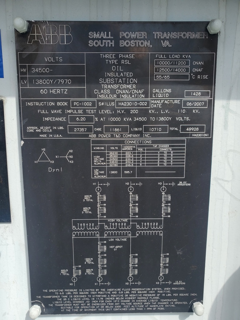 10000/14000 KVA, Pri 34500 D, Sec 138000 Y, 2007, ABB Substation Transformer