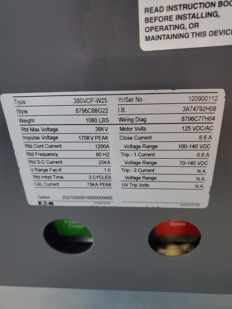 38kV 1200 Amp Eaton Vacuum Circuit Breaker; Unused