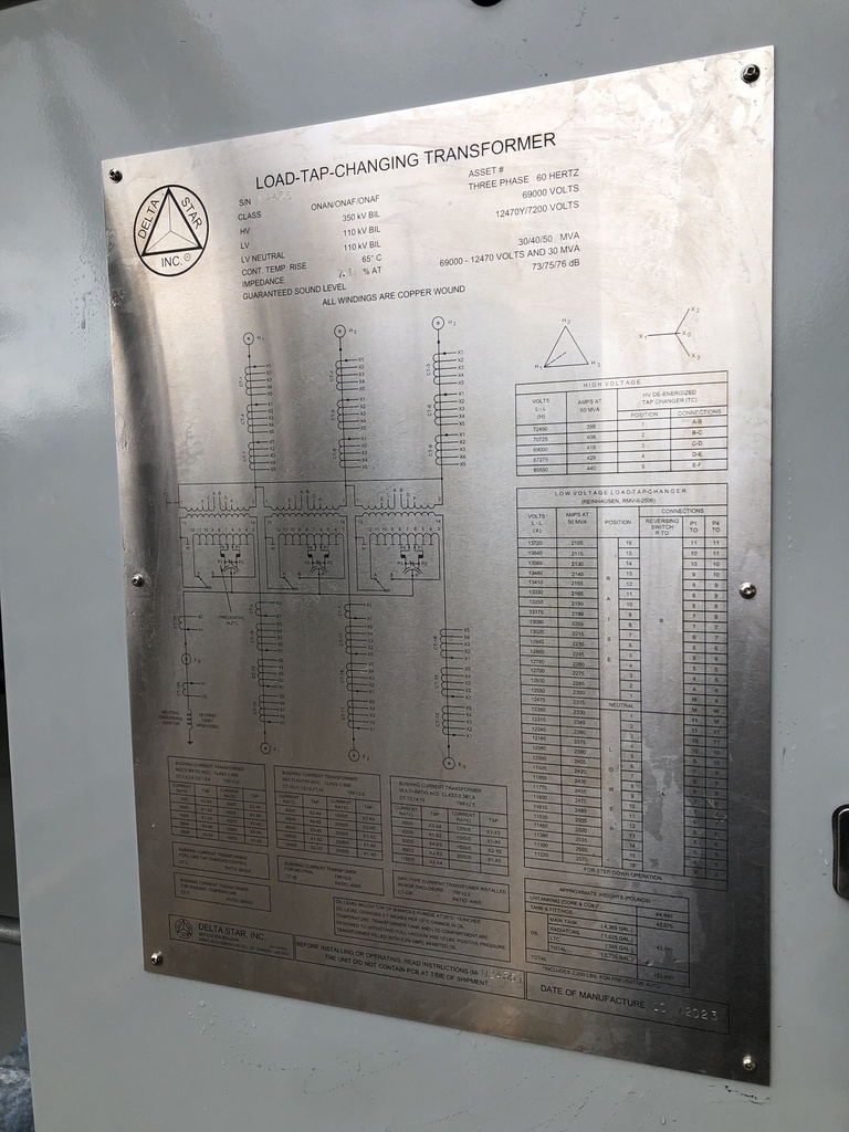 30/40/50 MVA 69000D - 12470Y LTC Delta Star Substation Transformer