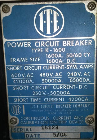 1600 Amp, ITE, K-1600, 480 V., 1967, 1200 AMP TRIPS;-1