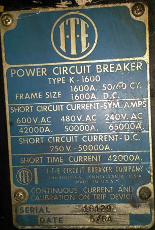 1600 Amp, ITE, K-1600, 480 V., 1967, 400 AMP TRIPS;-1