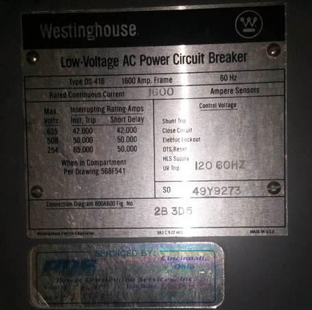 1600 Amp, WESTINGHOUSE, DS-416, 480 V., MAN.OP., DRAWOUT;-1