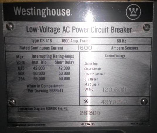 1600 Amp, WESTINGHOUSE, DS-416, 480 V., MAN.OP., DRAWOUT;-1