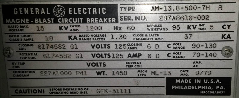 1200 Amp, GENERAL ELECTRIC, AM13.8-500-7H-R, 13.8 KV, OUTDOOR;-1