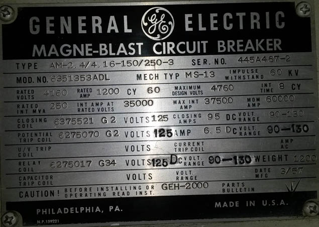 1200 Amp, GENERAL ELECTRIC, AM4.16-150, 4160 V., INDOOR, MS-13 MECH;-1