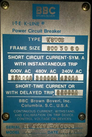 800 Amp, ITE, K-800S, 480 V., 1983, MAN. OPER., DRAWOUT, K-LINE, 120 VAC; -1