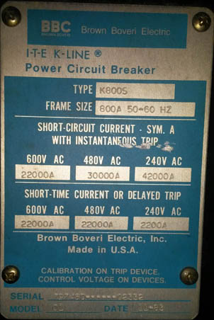 800 Amp, ITE, K-800S, 480 V., 1983, ELEC. OPER., DRAWOUT, K-LINE, 120 VAC; -1