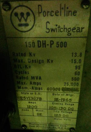 1200 Amp, WESTINGHOUSE, 150DHP500, 13.8 KV, 1965, 125VDC CONTROL, INDOORHOUSED-1