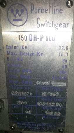 1200 Amp, WESTINGHOUSE, 150DHP500, 13.8 KV, 1965, 125VDC CONTROL, INDOORHOUSED-1