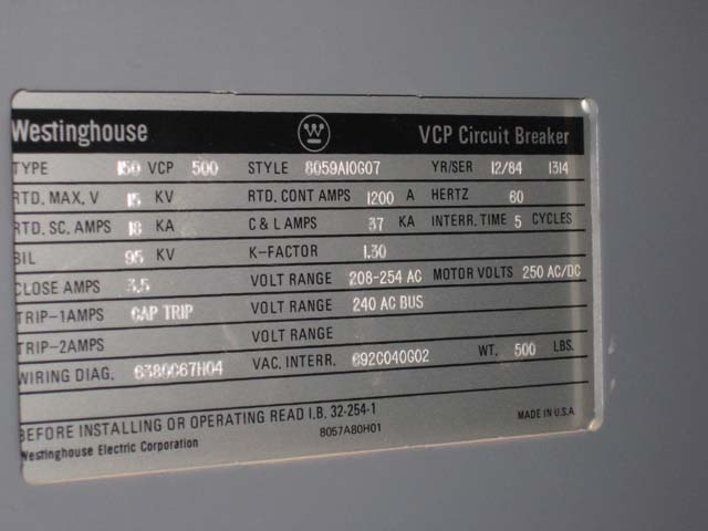 1200 Amp, WESTINGHOUSE, 150 VCP-500, 13.8 KV, 1984, VACUUM BREAKER:1
