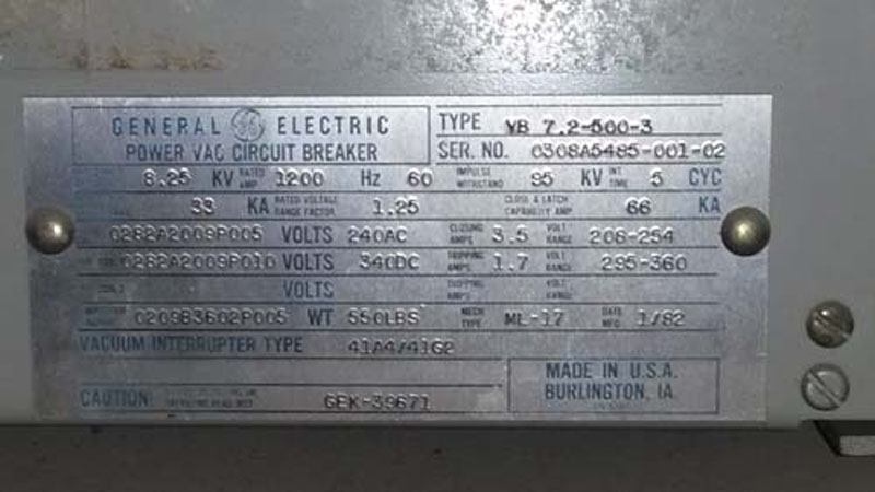 1200 Amp, GENERAL ELECTRIC, VB7.5-500-3, 7.5 KV, 1982, VACUUM BREAKER:1