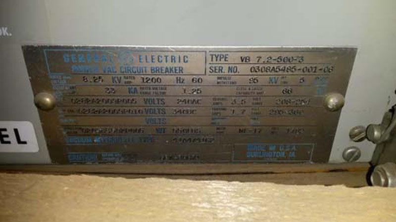 1200 Amp, GENERAL ELECTRIC, VB 7.2-500-3, 7.5 KV, 1982, 240 VAC CLS/340 VDC TRIP