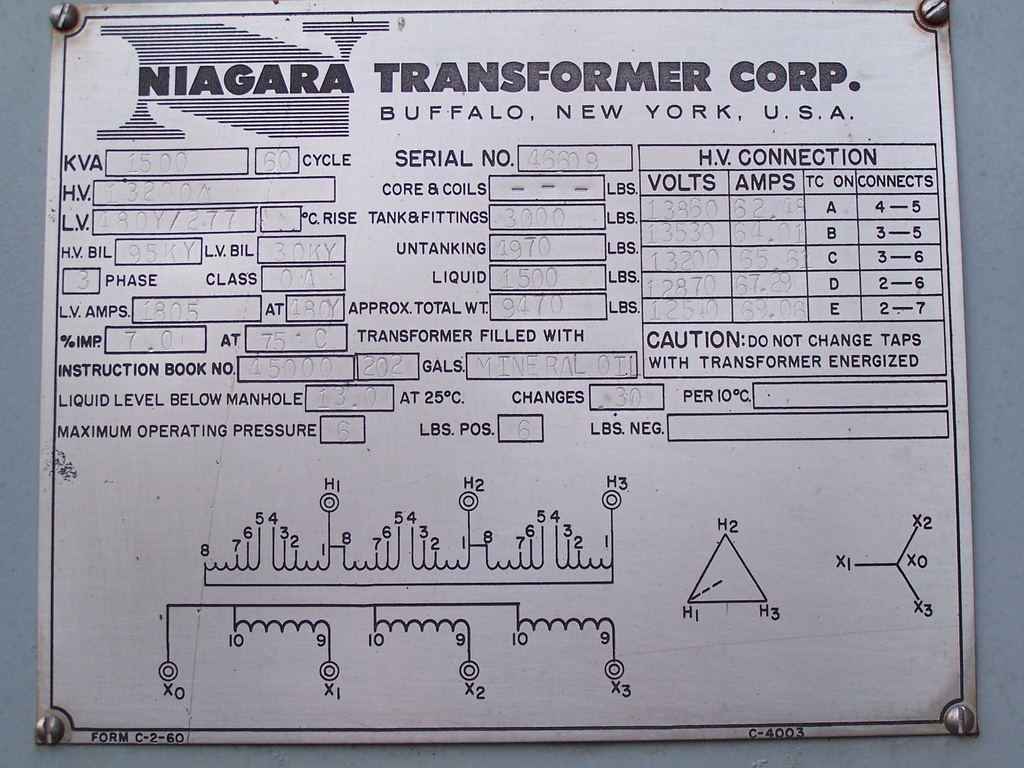 1500 KVA, Pri. 13200 D, Sec. 480/277 Y, NIAGARA, 3/60 HZ