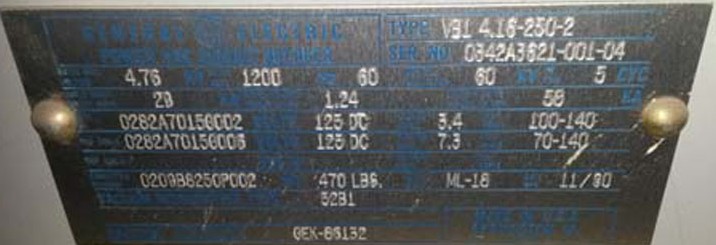 1200 Amp, G.E., VB1-4.16-250-2, 4160 V., 1990, EO/DO, ML 18;