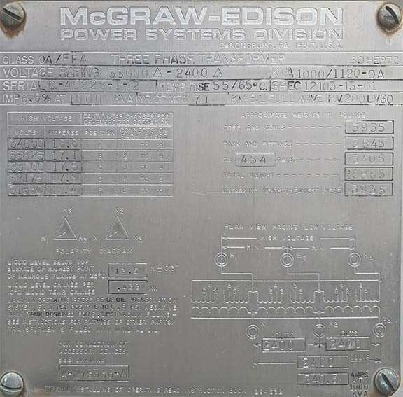 1000 KVA, Pri. 33000 V, D, Sec. 2400 V, D, 1971, MCGRAW EDISON, STATION TXFMR: 1