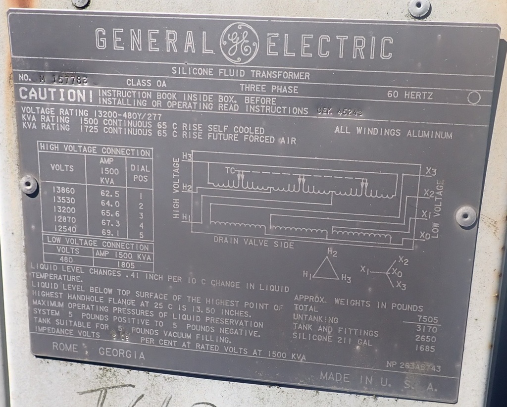 1500 KVA, Pri. 13200 D, Sec. 480 Y, GE, SILICONE TRANSFORMER