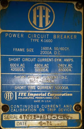 1200 Amp, ITE, K-1600, 600 V., MO/DO, OD3 TRIPS, LI