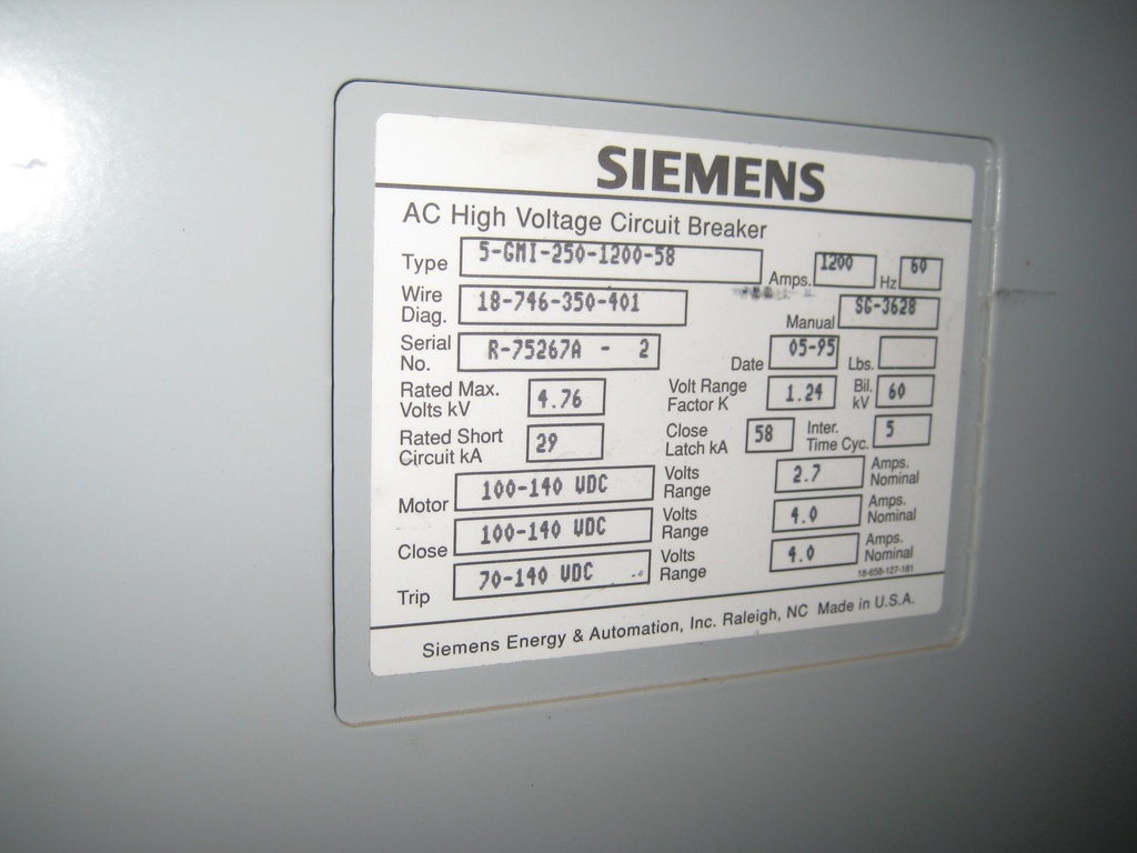 1200 Amp, SIEMENS, 5GMI-250-1200-58, 5000 V.