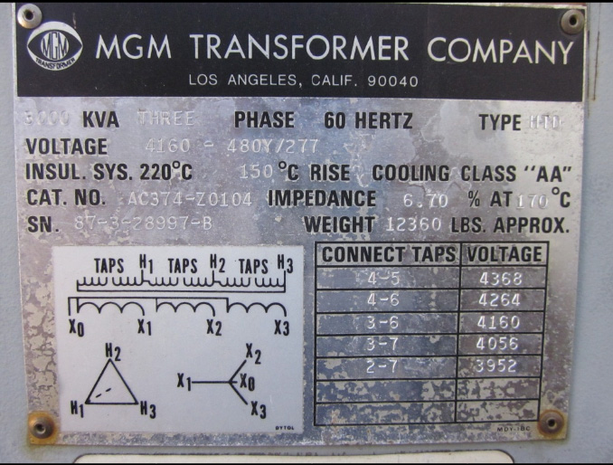 3000 KVA, Pri. MGM, 4160 V, D, Sec. 480Y/277, OUTDOOR, DRY TYPE:1