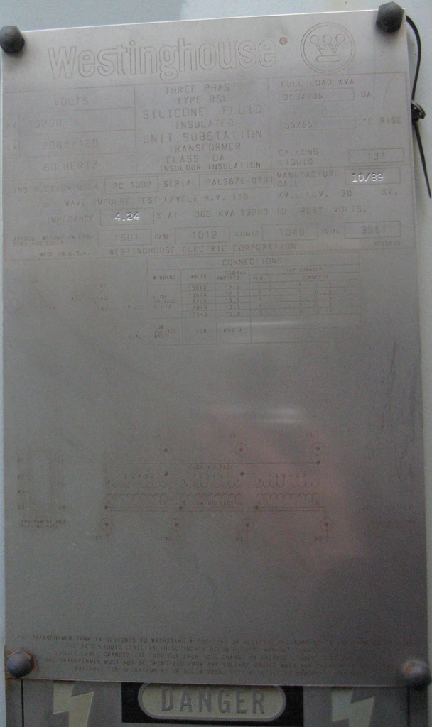 300/336 KVA, WESTINGHOUSE, Pri. 13200 D, Sec. 208 Y, SILICONE SUBSTATION