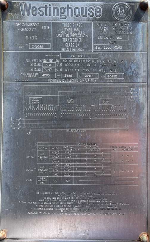 1000/1120 KVA, WESTINGHOUSE, Pri. 26400 X 13200 D, Sec. 480 Y, SUBSTATION