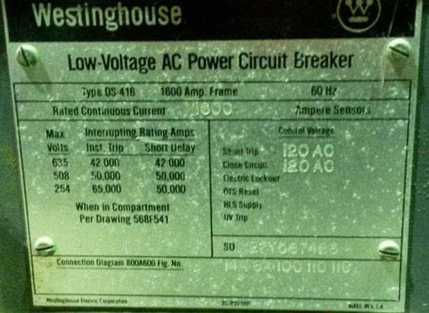 1600 Amp, WESTINGHOUSE, DS416, 480 V.,