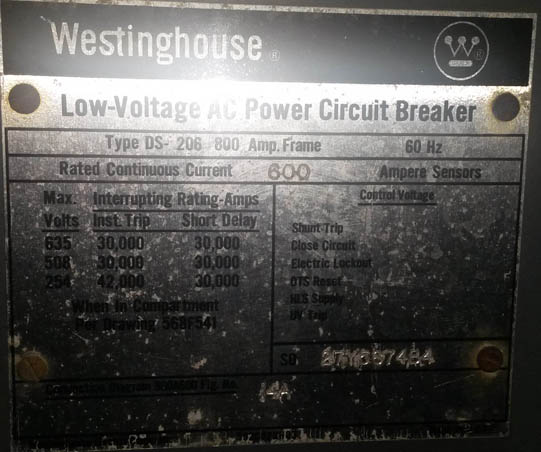 600 Amp, WESTINGHOUSE, DS206, 480 V.,