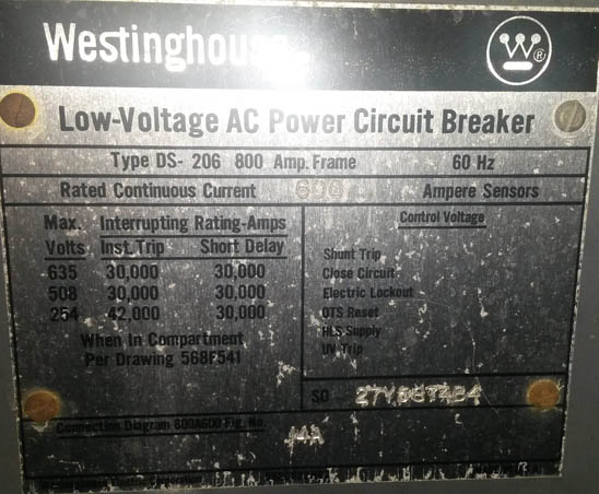 600 Amp, WESTINGHOUSE, DS206, 480 V.,