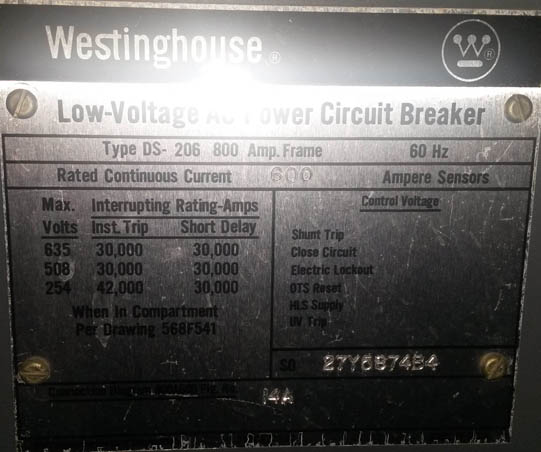 600 Amp, WESTINGHOUSE, DS 206, 480 V.,