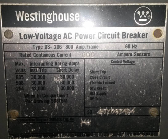 600 Amp, WESTINGHOUSE, DS 206, 480 V.,