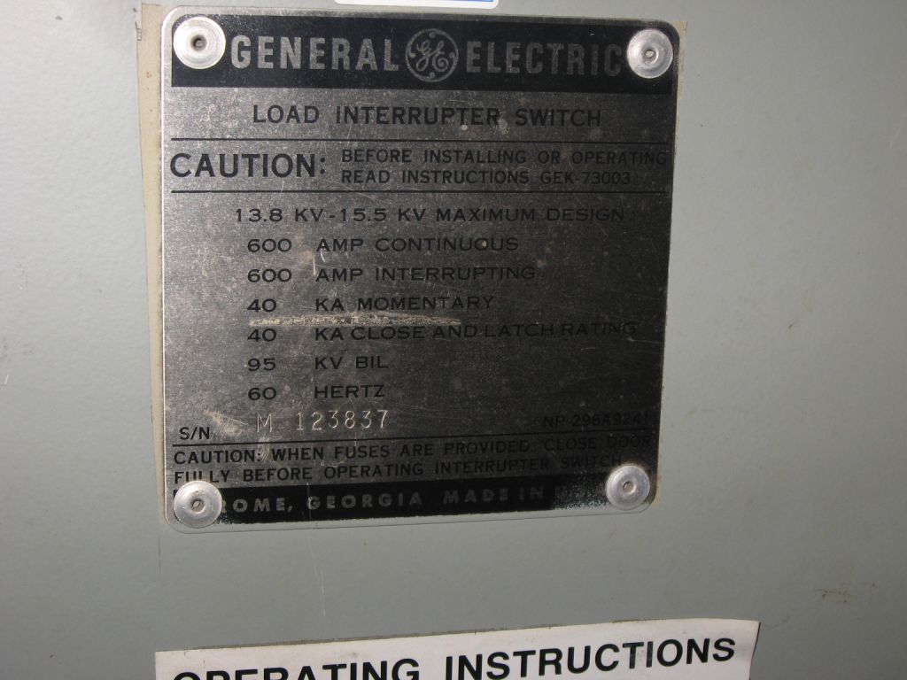 600 Amp, GE, No. POWERBREAK, 13800 V., INDOOR, FUSED, LOADBREAK SWITCH: -1