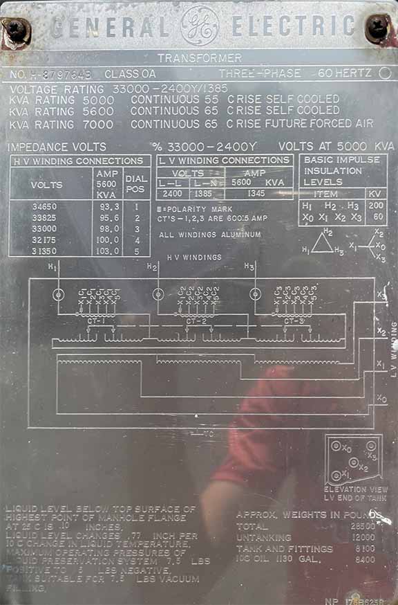 5/7 MVA, GENERAL ELECTRIC, Pri. 33000 V, D, Sec. 2400Y/1385, SUBSTATION