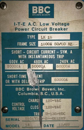 1600 Amp, BBC, LK16, 600 V., E/O, D/O, A/C/B, 120 VAC CLOSE, 125 VDC TRIP: -1