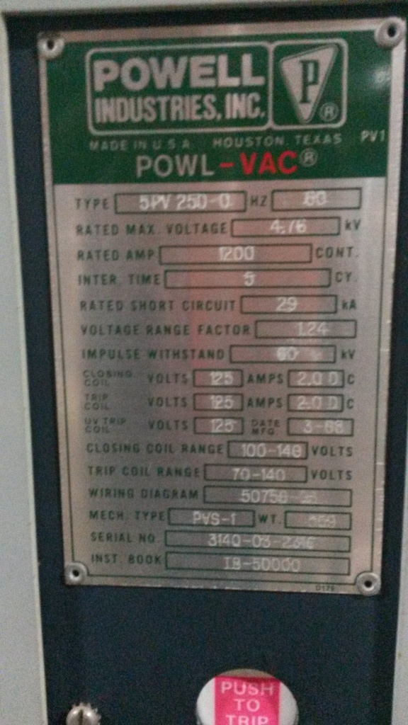 1200 Amp, POWELL, 5PV-250-0, 4160 V., VACUUM C/B, 125 VDC CL. & TRIP: -1