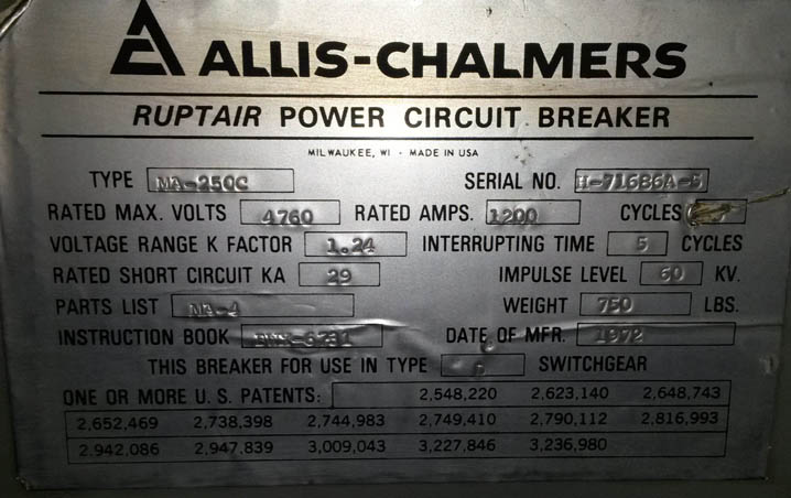 1200 Amp, ALLIS CHALMERS, MA250C, 4160 V., 1972, 120 VAC CLOSE, CAP TRIP: -1