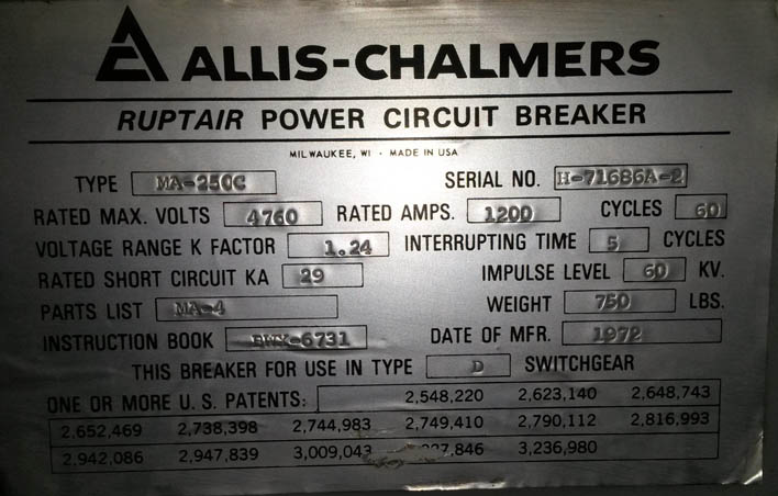 1200 Amp, ALLIS CHALMERS, MA250C, 4160 V., 1972, 120 VAC CLOSE, CAP TRIP: -1