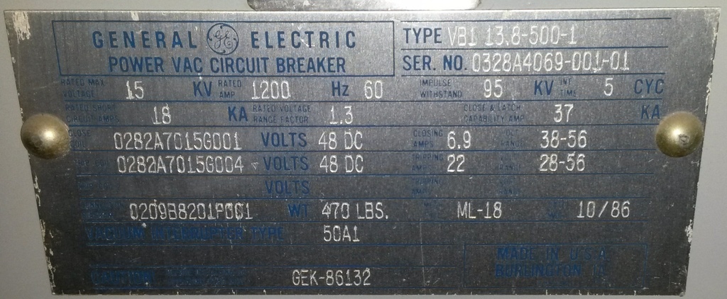 1200 Amp, GE, VB1-13.8-500-1, 13.8 KV, 1986, 48 VDC VACUUM CIRCUIT BREAKER: -1