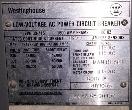 1600 Amp, WESTINGHOUSE, DS-416, 480 V., 1987, E/O, D/O, 115 VAC: -1