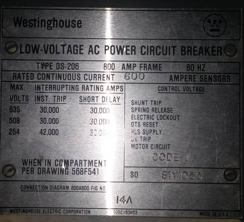 800 Amp, WESTINGHOUSE, DS-206, 480 V., 1987, M/O, D/O, RMS-800, L,I,G TRIPS: -1