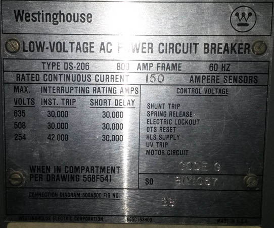 800 Amp, WESTINGHOUSE, DS-206, 480 V., 1987, M/O, D/O, RMS-800, LIG TRIPS: -1