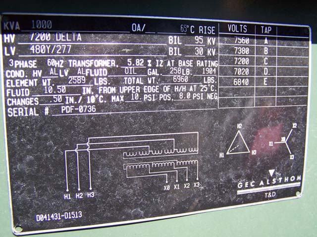 1000 KVA, ALSTOM, Pri. 7200 V, D, Sec. 480 V, Y, PAD, DEAD, RADIAL: -1