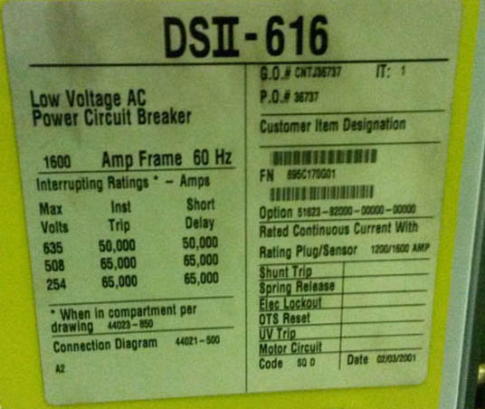 1600 Amp, SQUARE D, DS2-616, 635 V., M/O, D/O, DIGITRIP 510, L,S,I,G: -1