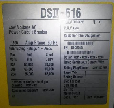 1600 Amp, SQUARE D, DS2-616, 635 V., M/O, D/O, DIGITRIP L,S,I,G: -1