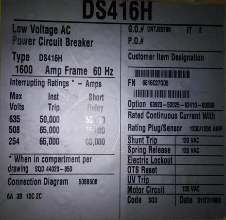 1600 Amp, SQUARE D, DS-416H, 635 V., 1998, E/O, D/O, 120 VAC, L,S,I,G: -1