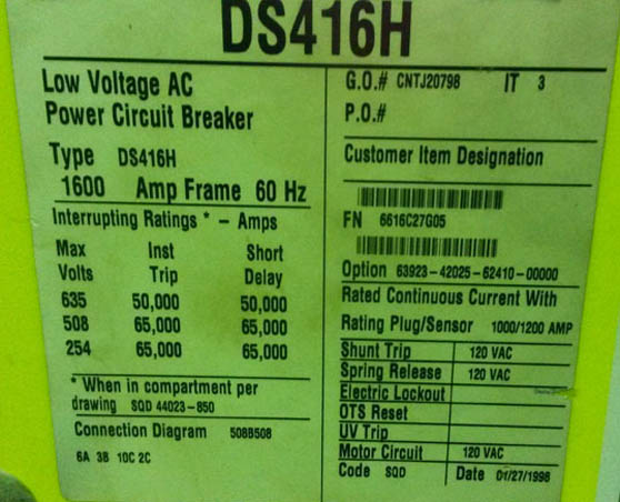 1600 Amp, SQUARE D, DS-416H, 635 V., 1998, E/O, D/O, 120 VAC, RMS-510, L,S,I,G