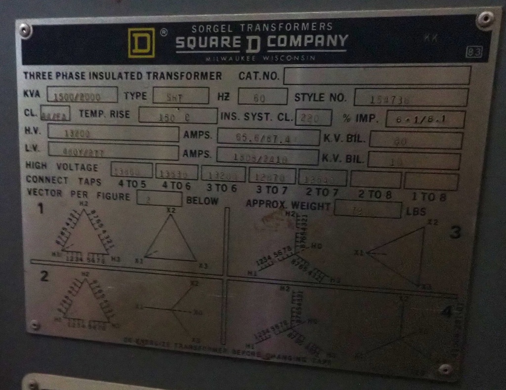 1500 KVA, SQUARE D, Pri. 13200 D, Sec. 480 Y, INDOOR TRANSFORMER