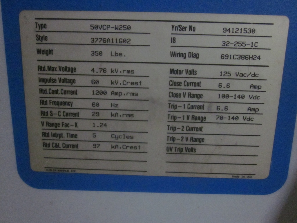 1200 Amp, WESTINGHOUSE, 50VCP-W-250, 4160 V., 125 VDC CL & TR: -1