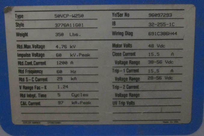 1200 Amp, WESTINGHOUSE, 50VCP-W-250, 4160 V., 48 VDC CL & TR: -1