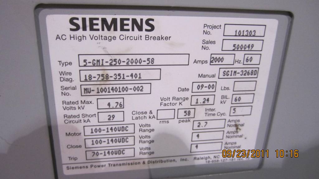 2000 Amp, SIEMENS, 5GMI-250-2000-58, 4160 V., UNUSED, 125 VDC CLOSE & TRIP: -1